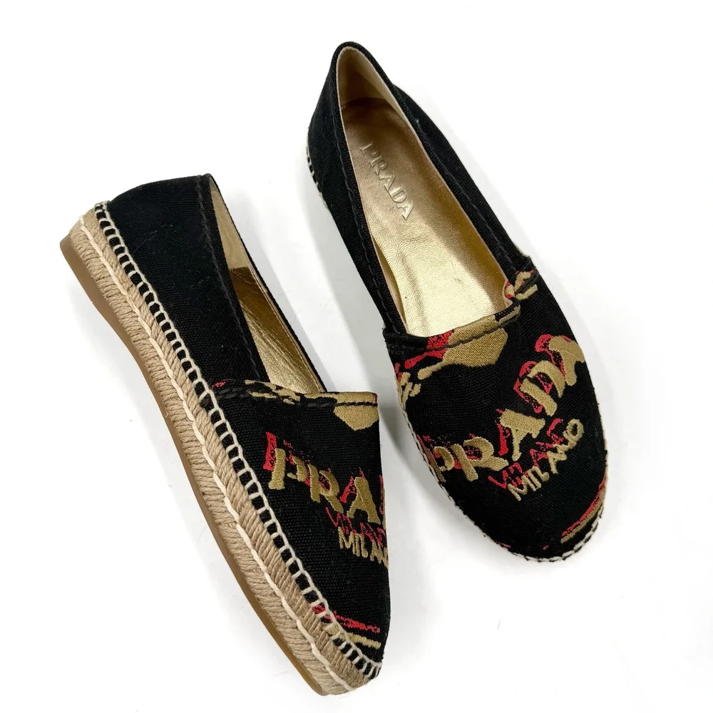 Prada Logo Espadrilles Black Canvas Gold Red Embroidered Flats Sz 36 / 6